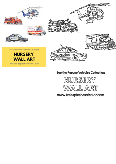 Nursery wall art featuring watercolor rescue vehicles: fire truck, police car, ambulance, and helicopter, with outlines.