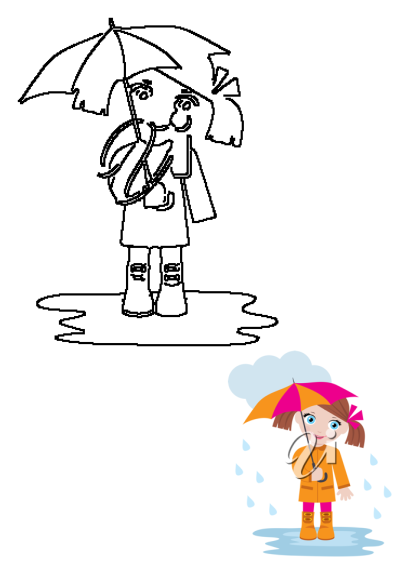 A happy little girl cartoon with an orange and pink umbrella, yellow raincoat, and orange boots stands in a puddle on a rainy day.