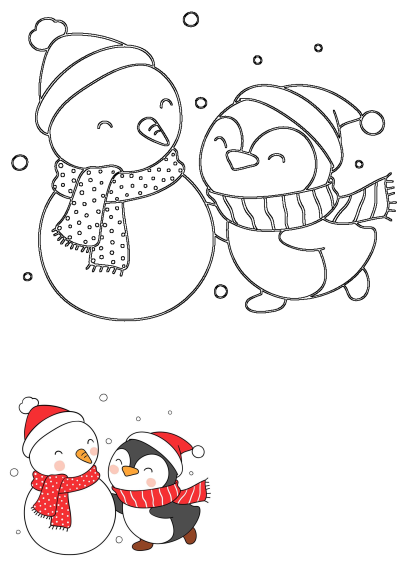 A charming cartoon of a happy penguin and snowman wearing cozy winter clothes, presented in both black and white line art and a vibrant colored version.