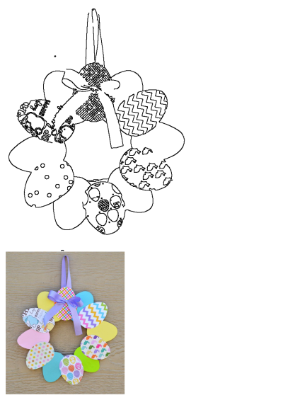 A vibrant DIY paper Easter egg wreath craft, featuring various patterned and solid pastel eggs, complete with a purple ribbon hanger.