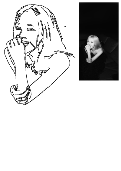 Blackpink's Rosé smiling in a stunning black and white portrait with her hand near her mouth, beside its crisp line art outline.