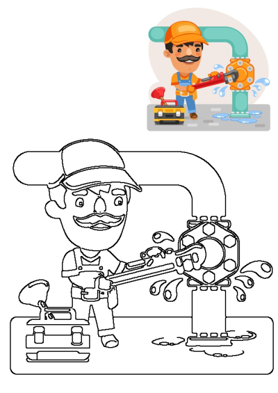A detailed cartoon illustration of a plumber fixing a leaky pipe with a red wrench, presented alongside its black-and-white outline drawing.