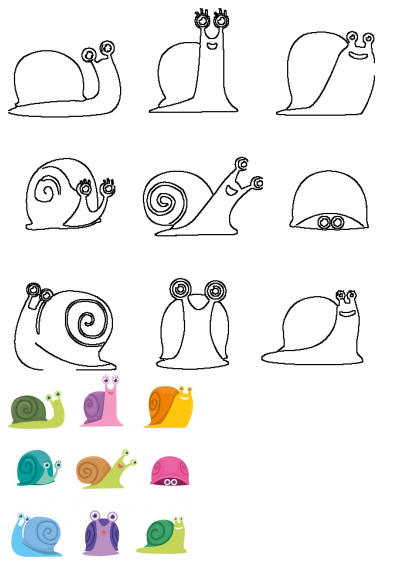 A vibrant collection of colorful cartoon snails in various poses, some outlined for artistic fun, showcasing diverse vector illustrations.