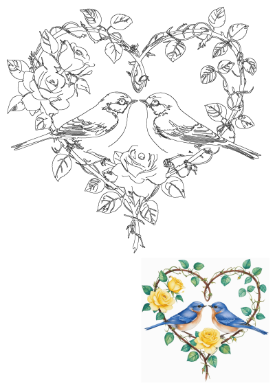 Charming watercolor painting of two bluebirds perched on a heart-shaped branch adorned with vibrant yellow roses and green leaves.