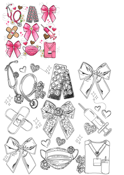 Pink medical items, bows, and hearts illustration featuring a stethoscope, mask, syringe, and nurse scrubs with daisy accents.