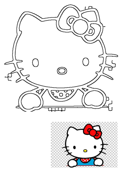 Outline illustration of the iconic character Hello Kitty sitting with her signature bow. A simple black and white line drawing.