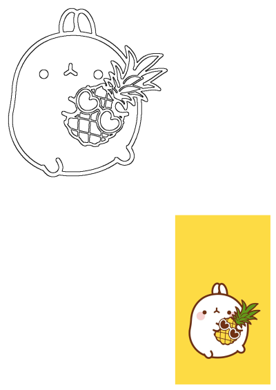 Cute Molang bunny holding pineapple with heart sunglasses, presented as a black and white outline and a colored image.