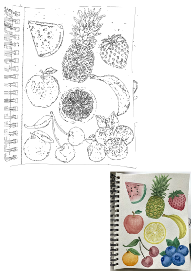 Outline of fruits for 'Fruits Of The Spirit' watercolor stickers. Features a small painted sample on a sketchbook page.