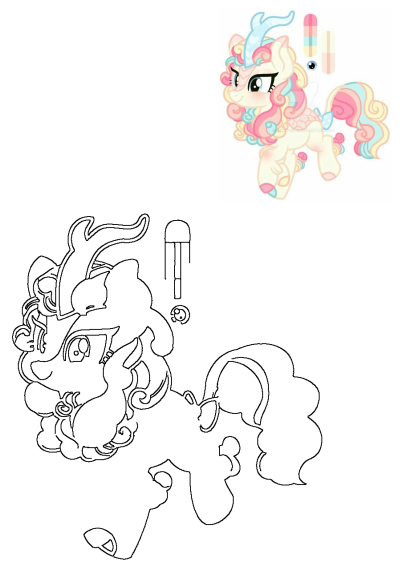 Pinkie Pony pastel unicorn character featuring a cream body, pink, blue, yellow mane/tail, with its lineart and an ice cream bar outline.