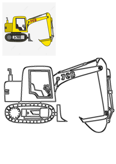 A bright yellow and black JCB excavator cartoon illustration positioned above its black and white outline, perfect for kids and construction enthusiasts.