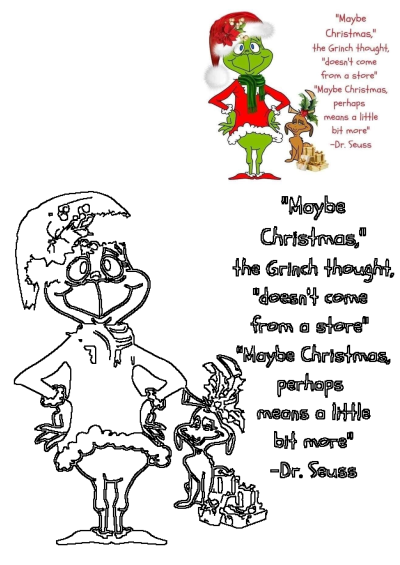 Grinch Christmas Card Dr Seuss Quote with a colorful Grinch, Max, and gifts illustration, alongside a black-and-white outline version.
