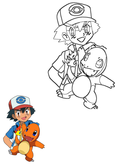 Ash Ketchum with Charmander, shown in both colored and outline art. Features the popular Pokemon often cherished as a stuffed animal.