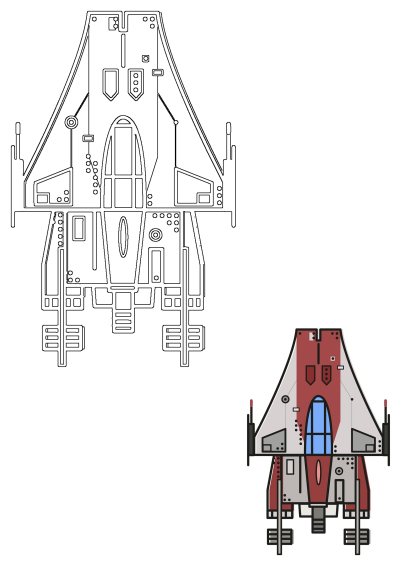 This cartoon space shuttle features a red and white design, complete with a blue cockpit window and landing gear, accompanied by its outline version.