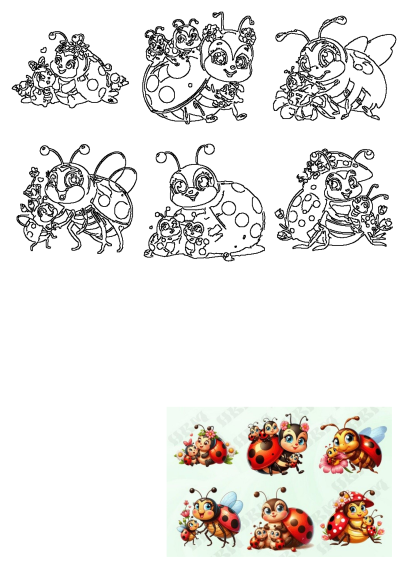 Cute cartoon ladybugs and babies with flowers. Includes black and white outlines and colorful illustrations, some featuring butterfly wings.