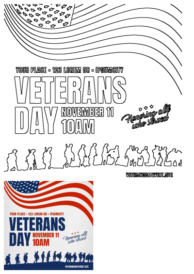 Veterans Day event flyer template showcasing an American flag and soldier silhouettes, with event details for November 11 at 10 AM, honoring all who served.