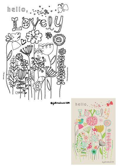 A cheerful 'Hello Lovely' card design featuring whimsical flowers, a charming bird, and a delicate butterfly amidst lush greenery.