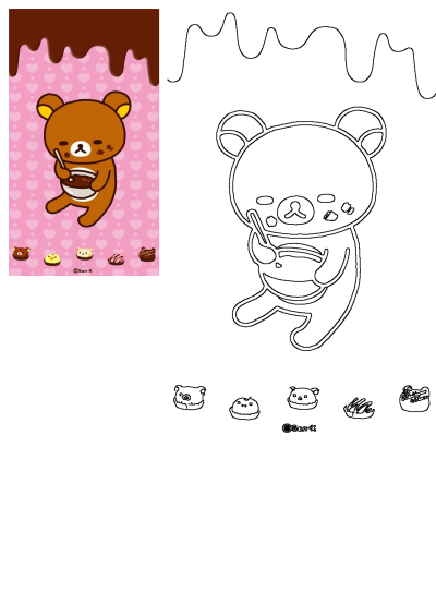 Rilakkuma bear enjoying a bowl of chocolate on a pink heart background with dripping chocolate. Also features a black and white outline.