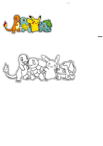 Vibrant Pokemon stickers featuring Charmander, Squirtle, Pikachu, and Bulbasaur, alongside their black line art outlines.