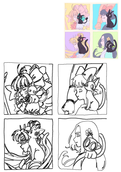 Four charming cartoon illustrations featuring iconic anime girls like Sakura, Kiki, and Sailor Venus with their black cat companions.