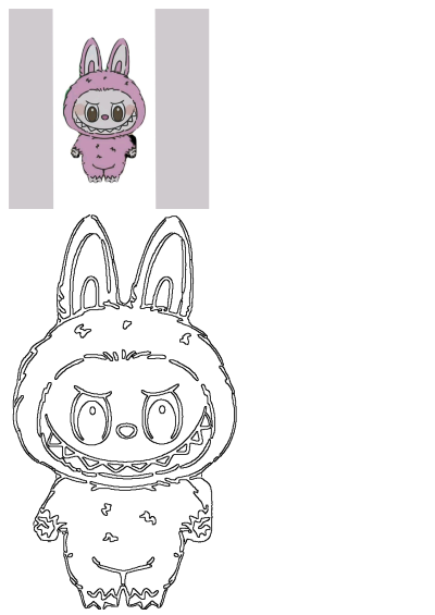 Pink bunny paper cutout with big eyes, large ears, and a toothy grin, presented with its outline for coloring.