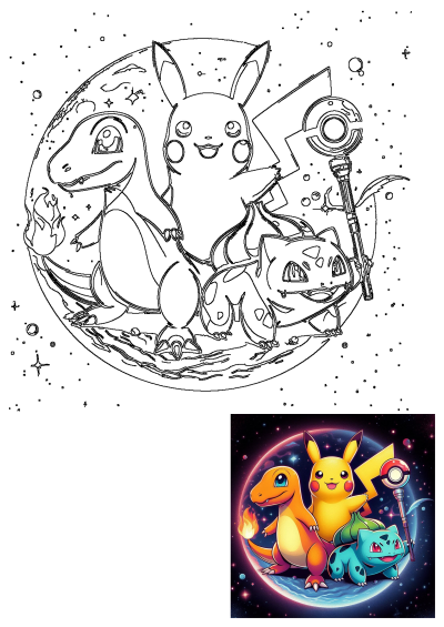 Outline drawing featuring Charmander, Pikachu, and Bulbasaur on a moon, set against a backdrop of stars and planets.