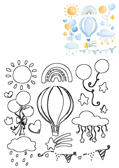 Watercolor blue and yellow balloons, stars, rainbow, sun, clouds, and hot air balloon elements, alongside their black outline versions.