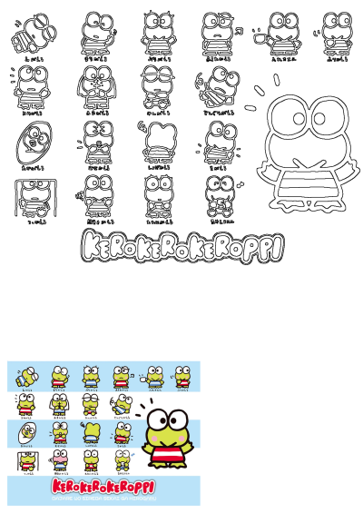 Kerokerokeroppi emotions and expressions illustrated in both black & white outlines and vibrant colors, showcasing various moods.