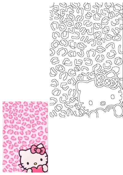Hello Kitty with a pink heart on a vibrant pink leopard print background, paired with a black and white outline for coloring.