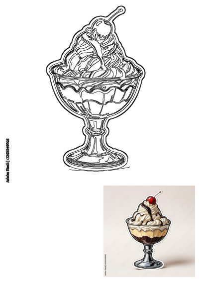 Outline drawing of a delicious ice cream sundae, featuring scoops of ice cream, whipped cream, drizzled chocolate sauce, and a cherry on top.