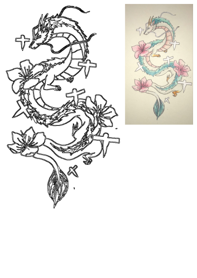 Vibrant Spirited Away Haku dragon illustration with pink cherry blossoms, shown next to a detailed black and white line art.