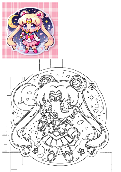 A cute chibi Sailor Moon baby, Usagi Tsukino, in a pink uniform with a pacifier and rattle, against a starry night sky background.