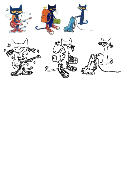 Pete the Cat plays guitar, carries a backpack with lunch, and vacuums in colorful and outline illustrations for kids' activities.