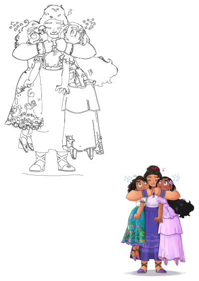 Joyful Encanto sisters Mirabel, Luisa, and Isabela share a warm hug, showcasing their strong bond in this lovely illustration.