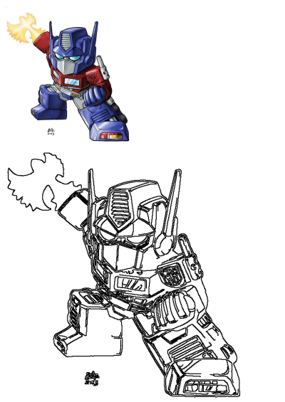 Dynamic Optimus Prime fan art featuring a colorful chibi robot with flames and a detailed line drawing of Optimus Prime holding an axe.