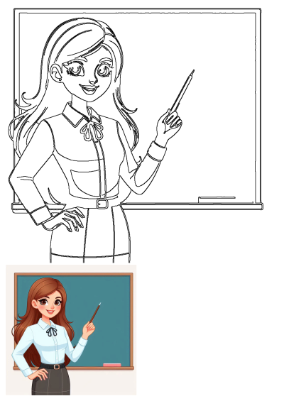 Cartoon woman teacher with brown hair, in a light blue shirt and black skirt, points to a green chalkboard with an eraser.