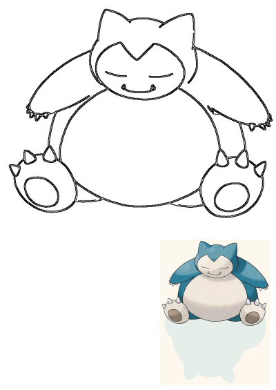 Blue and white sleeping Snorlax Pokemon, depicted as both a colored illustration and an outline drawing for fans of the stuffed animal.