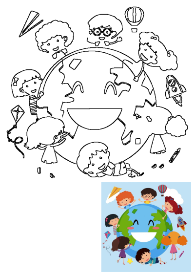 Outline drawing showing diverse children around the world playing joyfully with kites, planes, and rockets, embracing global fun and unity.