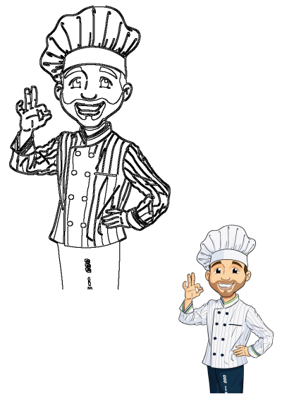 Happy male chef illustration making an OK sign, featuring a cheerful cook in uniform, shown in both full color and a black-and-white outline.
