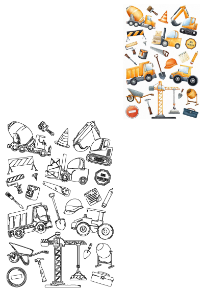 Colorful illustrations of construction vehicles (excavator, truck, mixer) & tools, paired with black & white line art outlines on white.
