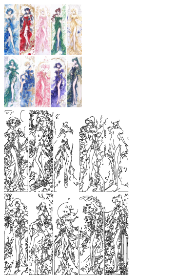 Sailor Moon characters in various colored elegant gowns, with both vibrant illustrations and crisp line art outlines for each design.