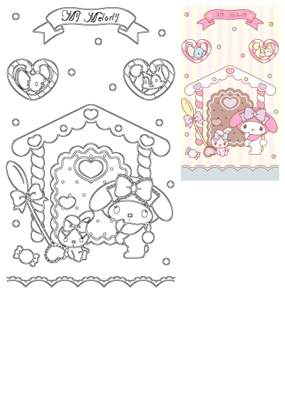 My Melody and a small rabbit by a pink and white gingerbread house, shown as a colorful illustration and line art.