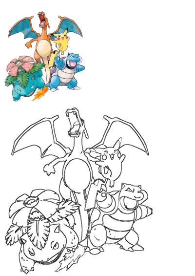 Pokemon characters cartoon together: Charizard, Pikachu, Blastoise, and Venusaur in a vibrant illustration and outline art.