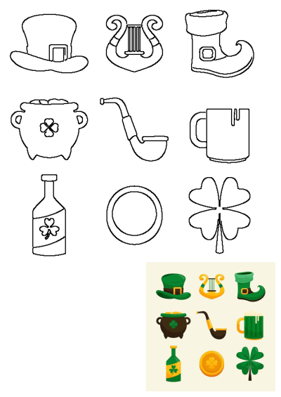 St. Patrick's Day flat vector elements, featuring outlines and vibrant colored icons like hat, harp, boot, pot of gold, pipe, beer, bottle, and clover.