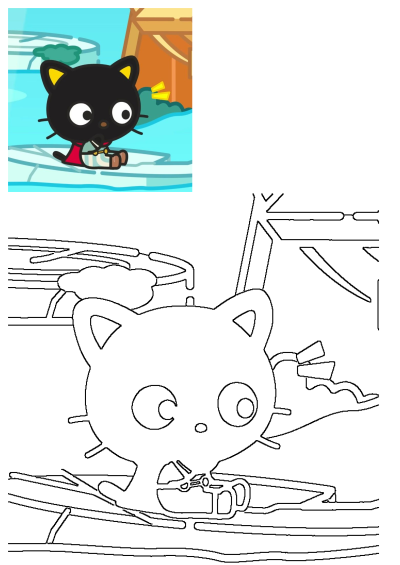 Black Cat With Red Shirt Cartoon Character sitting on ice in a colorful cartoon, alongside a black and white outline drawing of the cat.