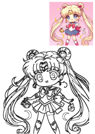 Kawaii Chibi Sailor Moon anime fanart illustration and outline drawing, with big eyes, blonde hair, and a sailor uniform.