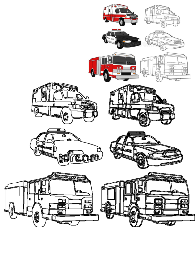 A set of detailed emergency vehicle illustrations: colored and line art versions of ambulances, fire trucks, and police cars.