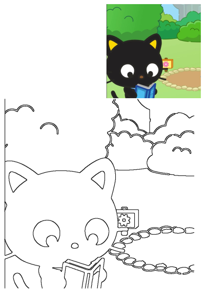 A cute black cartoon cat with yellow ears is engrossed in reading a blue book in a lush green park setting with bushes.