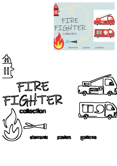 Fire Fighter Collection elements with cartoon fire trucks, hydrant, flame, and nozzle. Features colored and outline versions for posters and patterns.