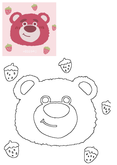 A cute red bear cartoon head, like Lotso, smiling with strawberries on a pink background. Includes an outline for coloring.
