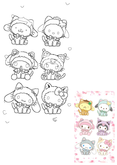 Cute Sanrio characters in animal costumes, featured as colorful stickers and black-and-white outlines on a white background with pink and blue hearts.